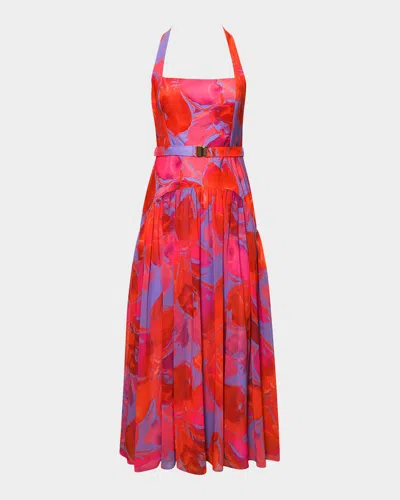 Hutch Aza Pleated Floral-print Halter Maxi Dress In Purple Gardenia