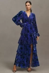 Hutch Bardot Long-sleeve V-neck Velvet Burnout Wrap Tiered Maxi Dress In Blue