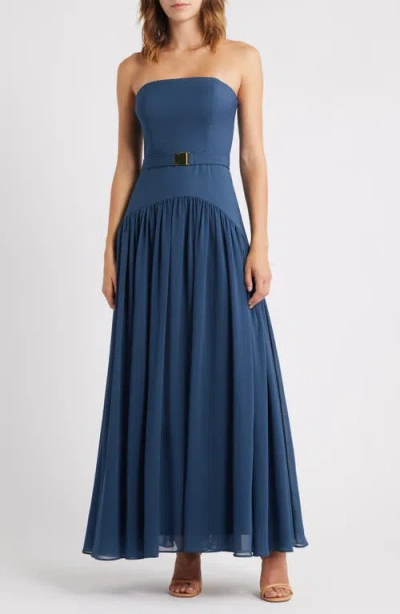 Hutch Belted Strapless Drop Waist Dress In Blue
