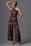 Hutch Halter Style Wide Leg Jumpsuit In Copper Block Print Plumeria In Blue