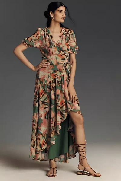 Hutch Bethany Puff-sleeve V-neck Wrap Maxi Dress In Multi