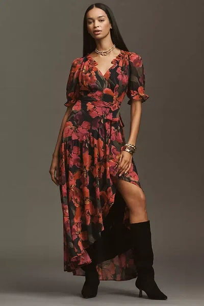 Hutch Bethany Puff-sleeve V-neck Wrap Maxi Dress In Red