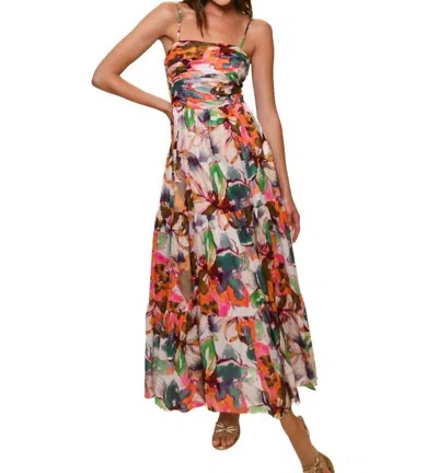 Hutch Bethy Ruched Bodice Tiered Maxi Dress In Blush Messy Rainbow Watercolor Floral