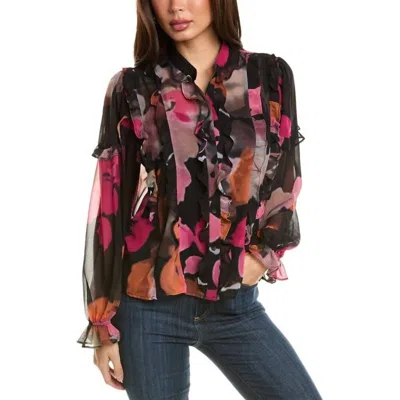 Hutch Bianca Ruffle Button Front Top In Black Romantic Watercolor Floral In Multi
