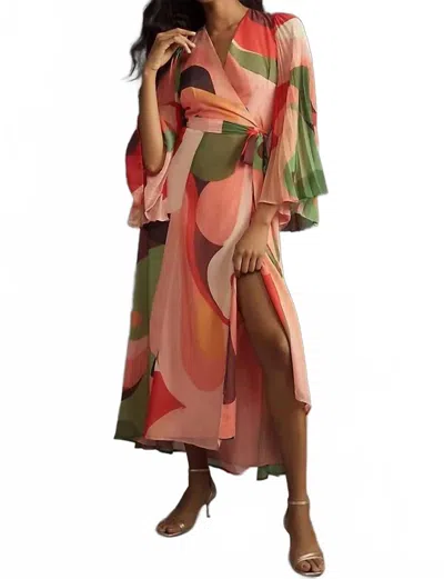 Hutch Blanca Three-quarter Sleeve Wrap Midi Dress In Pink In Multi