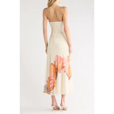 Hutch Bonnie Strapless Ruched Mesh Maxi Dress In Neutral