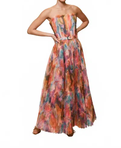 Hutch Bromley Strapless Pleated Gown In Watercolor Swirl In Multi