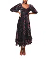 Hutch Printed Twist-front Puff-sleeve Ruffle-hem Dress In Black Japonisme Floral