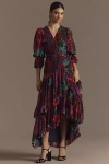 Hutch Carlotta Embroidered Floral Long Sleeve Wrap Gown In Black
