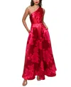 Hutch Cassandra One Shoulder Floral Long Dress In Red Sketched Spacious Rose
