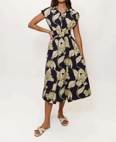 Hutch Collared Cap Sleeve Multi Elastic Banded Midi Dress In Navy Dramatic Vining Iris