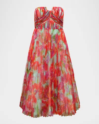 Hutch Corene Pleated Floral-print Tulle Ankle Gown In Mint Orchids