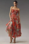 Hutch Corene Strapless Floral Tulle A-line Midi Dress In Red
