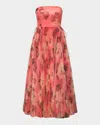 Hutch Costella Strapless Pleated Floral Tulle Midi Dress