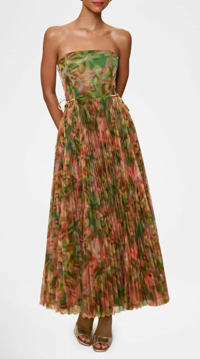 Hutch Costella Pleated Floral-print Tulle Gown In Sage Blurred Tropical Jungle In Brown