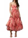 Hutch Costella Strapless Pleated Floral Tulle Midi Dress In Pink Blush In Animal Print