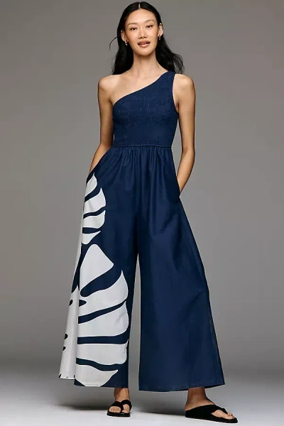 Hutch Cotton One-shoulder Palm Jumpsuit In Blue