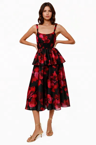 Hutch Desiree Peplum Midi Dress In Black / Red Floral In Multi