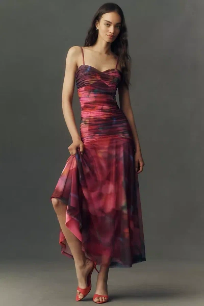 Hutch Drop-waist Mesh Maxi Dress In Burgundy
