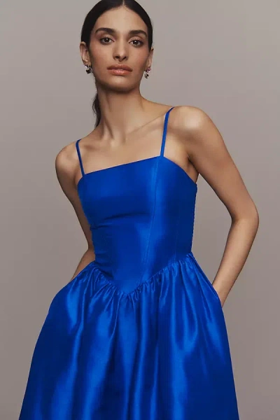 Hutch Eddi Sleeveless Straight-neck Shantung Drop-waist A-line Midi Dress In Blue