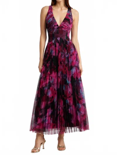 Hutch Eliana Floral Pleated Tulle Gown Maxi Dress In Berry Multi Watercolor