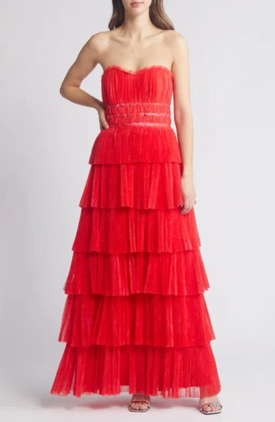 Hutch Evie Strapless Tiered Maxi Dress In Red Romantic