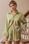 Hutch Faux-feather Trim Short Pajama Set In Green