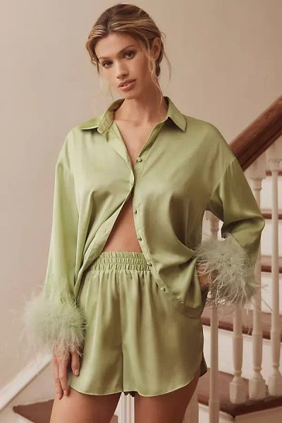 Hutch Faux-feather Trim Short Pajama Set In Green