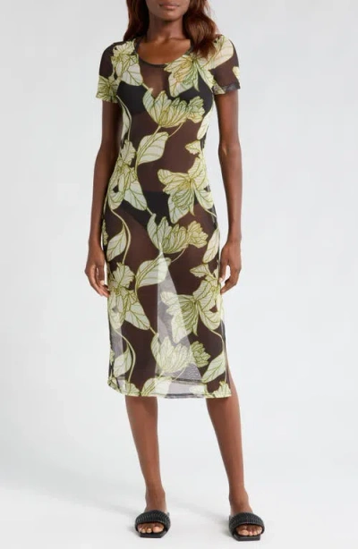 Hutch Floral Mesh Cover-up Midi Dress In Black Dramatic Vining Iris