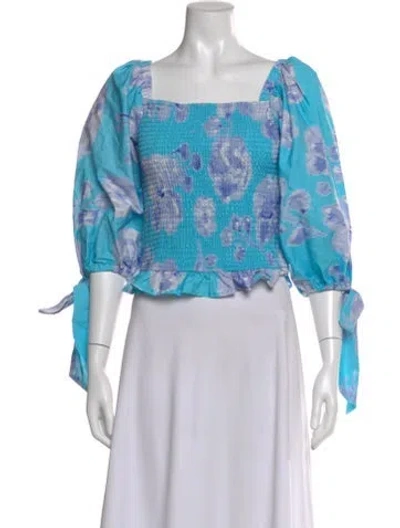 Pre-owned Hutch Floral Print Square Neckline Top In Blue