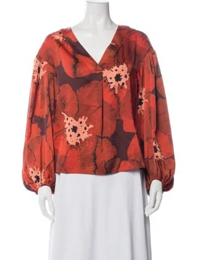 Pre-owned Hutch Floral Print V-neck Blouse In Orange