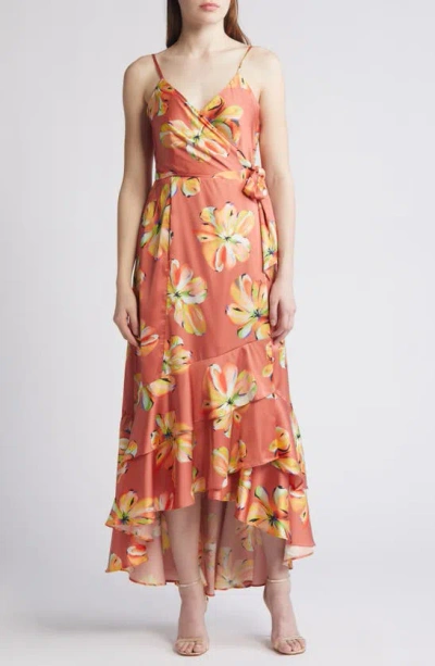 Hutch Floral Satin Wrap Dress In Clay Painted Flowers