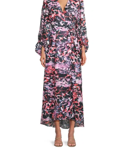 Hutch Flowing Long Sleeve Chiffon Wrap Midi Dress In Pink/blue In Multi
