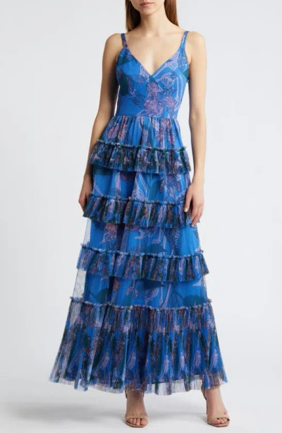 Hutch Freya V-neck Tiered Ruffle Gown In Blue