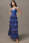 Hutch Freya V-neck Tiered Ruffle Gown In Blue