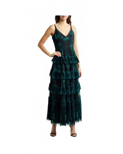 Hutch Freya V-neck Tiered Ruffle Gown In Dark Blue In Green