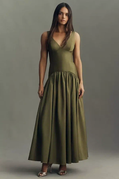 Hutch Gabriella V-neck Drop-waist Maxi Dress In Green