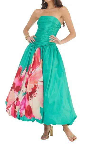 Hutch Georgina Strapless Ruched Maxi Dress In Green Multi In Blue