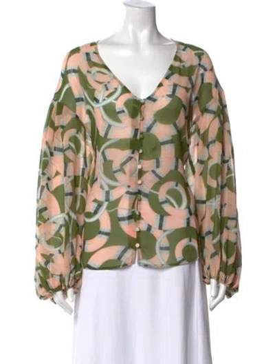 Pre-owned Hutch Graphic Print V-neck Blouse W/ Tags In Green