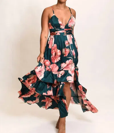 Hutch Guthrie Sleeveless Floral V-neck Side-slit Satin Maxi Dress In Multi