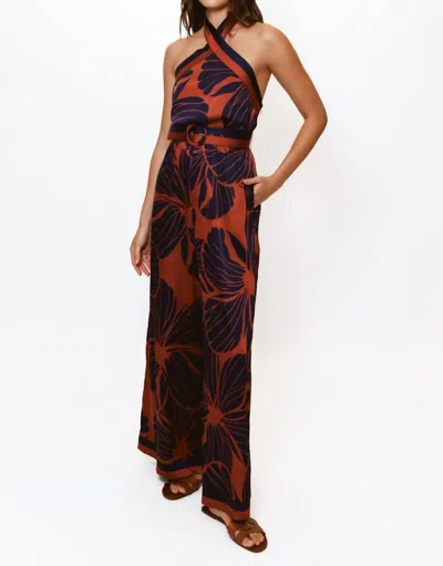 Hutch Halter Style Wide Leg Jumpsuit In Copper Block Print Plumeria In Brown