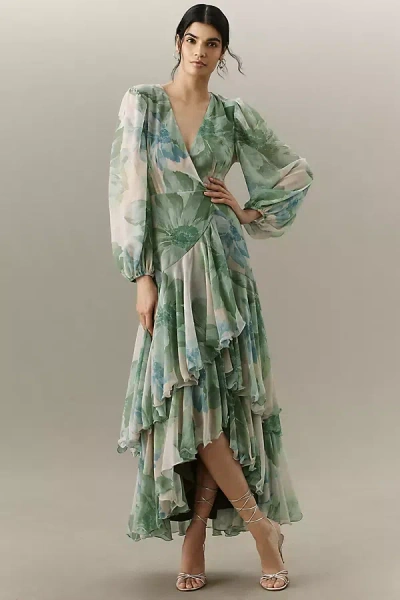Hutch Helen Chiffon Ruffled Maxi Dress In Green