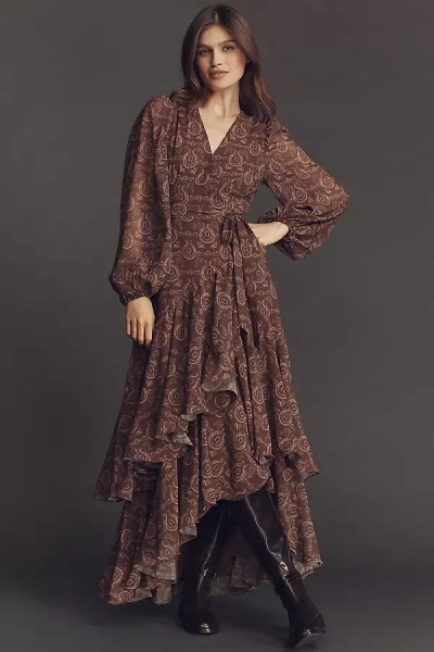 Hutch Helen Long-sleeve Ruffled Wrap Maxi Dress In Brown