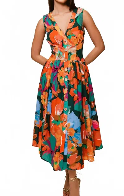 Hutch Indy Sleeveless Midi Dress In Teal Multi Overlay Hibiscus Floral In Orange