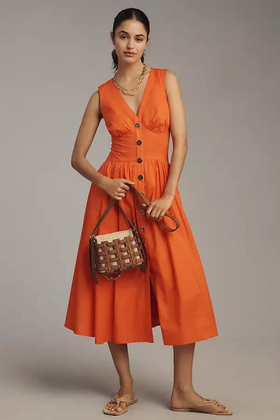 Hutch Indy Sleeveless V-neck Button-front Midi Dress In Orange