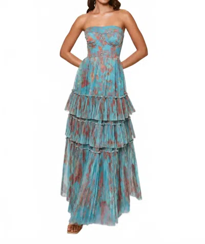 Hutch Isabella Romantic Vining Painted Floral Tulle Gown In Blue/copper
