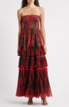 Hutch Isabella Strapless Ruffle Tiered Maxi Cocktail Dress In Red