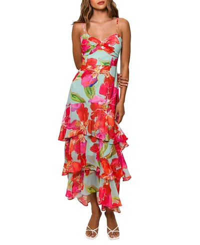 Hutch Kennedi Ruffled Long Dress In Mint Watercolor Pastel Orchids