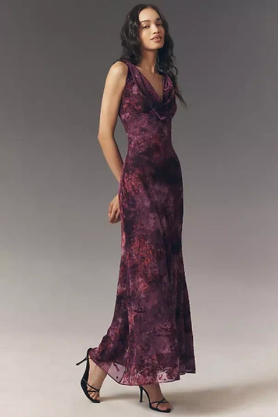Hutch Khloe Cowl-neck Stretch Burnout Velvet Maxi Dress In Purple