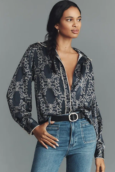 Hutch Kodie Long-sleeve Silky Buttondown Blouse In Blue